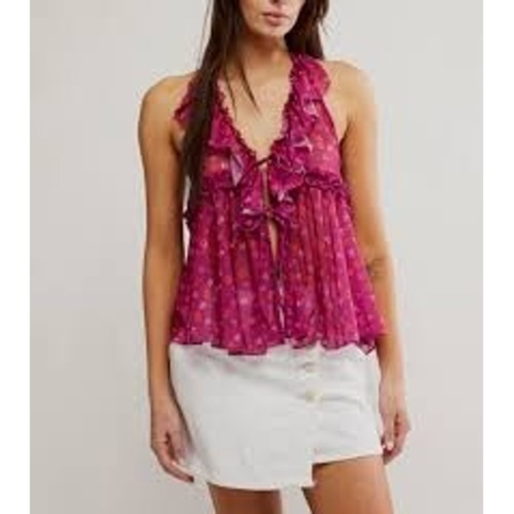 Free People Magenta Floral Ruffle Tie‎ Front Sheer Chiffon Camisole Top XL